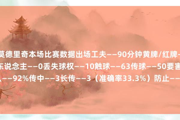 莫德里奇本场比赛数据出场工夫——90分钟黄牌/红牌——1/0射门——0尝试过东说念主——0丢失球权——10触球——63传球——50要害传球——0传球生服从——92%传中——3长传——3（准确率33.3%）防止——2抢断生效——2大地叛逆——8（生效3）犯规——1被犯规——1被过——3媒体评分——6.8    下球网体育信息
