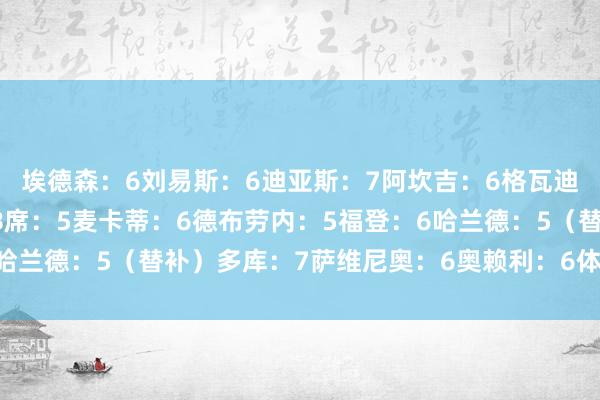 埃德森：6刘易斯：6迪亚斯：7阿坎吉：6格瓦迪奥尔：7科瓦西奇：6B席：5麦卡蒂：6德布劳内：5福登：6哈兰德：5（替补）多库：7萨维尼奥：6奥赖利：6体育录像/图片