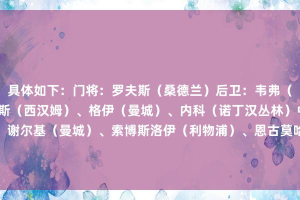 具体如下：门将：罗夫斯（桑德兰）后卫：韦弗（布莱顿）、马夫罗帕诺斯（西汉姆）、格伊（曼城）、内科（诺丁汉丛林）中场：鲍文（西汉姆）、谢尔基（曼城）、索博斯洛伊（利物浦）、恩古莫哈（利物浦）时尚：卡斯特拉诺斯（西汉姆）、奥卡福（利兹联）    体育赛事直播
